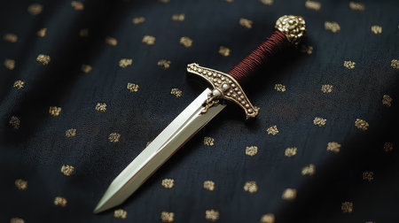 A beautifully crafted dagger featuring a sharp blade and ornate handle, resting elegantly on a textured fabric background with gold patterns.の素材
