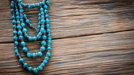A stunning turquoise beaded necklace elegantly displayed on a rustic wooden surface, highlighting its vibrant colors and intricate design elements that capture attention.の素材