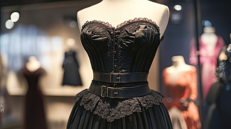 Stunning black corset dress displayed elegantly on a mannequin in a stylish boutique setting, showcasing intricate lace and premium detailing.の素材