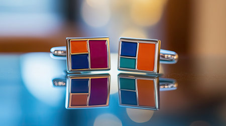 This captivating image showcases a pair of artistic cufflinks featuring a colorful geometric design. The elegant reflection on the smooth surface highlights the vibrant colors, making it an ideal accessory for formal or stylish occasions. Perfect for individuals seeking to express their unique style.の素材