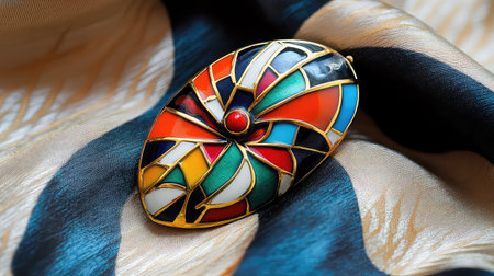 This image showcases a stunning decorative brooch featuring a vibrant enamel design, elegantly placed atop rich silk fabric, highlighting craftsmanship.の素材