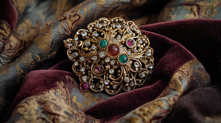 An exquisite vintage brooch featuring colorful gemstones, displayed elegantly on rich velvet fabric. Perfect for capturing the essence of luxury and tradition.の素材