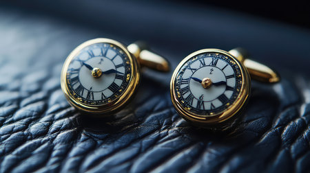Stunning gold cufflinks featuring a classic clock design, perfect for adding sophistication to formal attire. Set against a rich black leather background, these accessories showcase exquisite craftsmanship and timeless elegance.の素材
