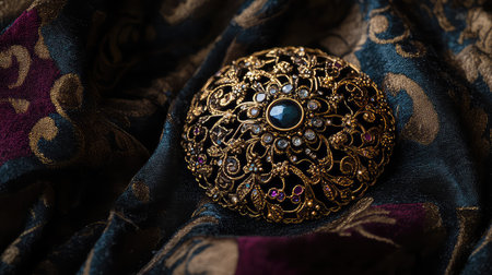 This mesmerizing vintage brooch showcases intricate craftsmanship, adorned with colorful gemstones, resting on a rich, textured fabric, highlighting timeless elegance.の素材