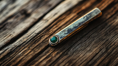 This image showcases a vintage brooch featuring a captivating green stone, placed on a rustic wooden surface, enhancing its charm and elegance.の素材