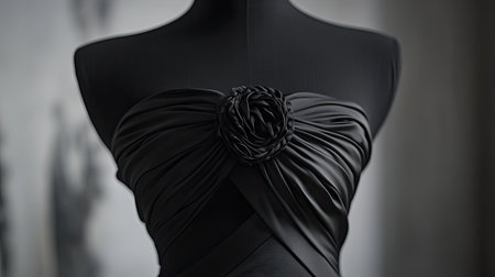 A stunning black dress showcased on a mannequin, featuring elegant draping and a beautiful floral detail. Ideal for fashion enthusiasts and designers.の素材