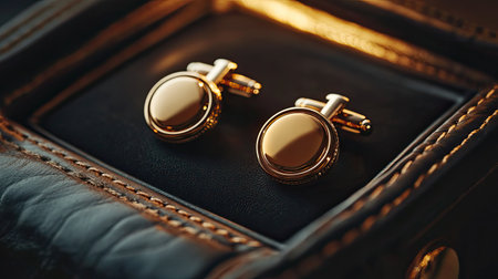 A pair of elegant gold cufflinks rests in a luxurious leather case, illuminated by soft lighting, showcasing a sophisticated detail ideal for fashion enthusiasts.の素材