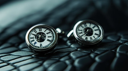 Captivating close-up of sophisticated silver cufflinks featuring Roman numerals, elegantly displayed on textured black leather, perfect for formal occasions.の素材