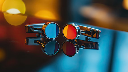 These elegant metal cufflinks feature vibrant blue and red colors, reflecting beautifully on a polished surface, making a stylish addition to any outfit.の素材