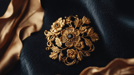 A stunning golden floral brooch rests gracefully on a backdrop of luxurious black and gold fabric, showcasing intricate craftsmanship and elegant design.の素材