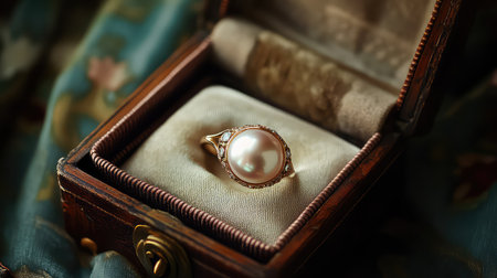 A stunning pearl ring elegantly placed in a vintage jewelry box, showcasing its beauty and craftsmanship against a soft fabric backdrop.の素材