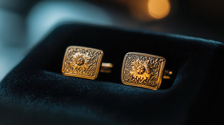 This image showcases a pair of elegant gold cufflinks with intricate designs, beautifully presented on a black velvet display, perfect for formal attire.の素材