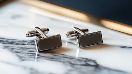 A pair of elegant silver cufflinks showcased on a polished marble surface, embodying luxury and sophistication for formal occasions and stylish attire.の素材