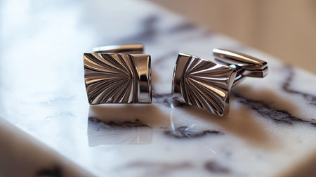 Close-up view of elegant silver cufflinks featuring an intricate design, resting on a polished marble surface, ideal for stylish men's fashion choices.の素材