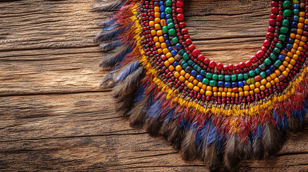 A stunning traditional necklace featuring colorful beads and vibrant feathers, beautifully displayed on rustic wooden background, perfect for cultural themes.の素材