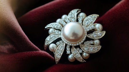 This exquisite vintage brooch features a central pearl surrounded by sparkling diamonds, elegantly displayed on plush burgundy velvet, showcasing timeless beauty.の素材