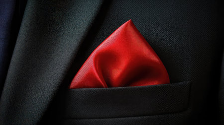 This image showcases an elegant red silk pocket square nestled in a classy black suit jacket, perfect for enhancing formal attire with vibrant style.の素材