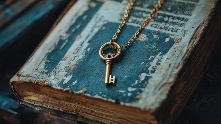 A vintage gold key pendant rests atop a worn book cover, showcasing its intricate design and rustic charm in soft natural light, evoking a sense of history and mystery.の素材