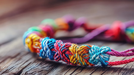 This image showcases a vibrant handmade bracelet with intricate knot designs, resting on a rustic wooden surface, perfect for highlighting creativity and craftsmanship.の素材