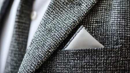 A close-up view of a stylish black and white suit jacket featuring a neatly folded handkerchief in the pocket, showcasing elegance and sophistication in business attire.の素材