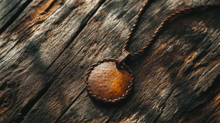 A rustic leather pendant rests on a weathered wooden surface, highlighting rich textures and warm tones. This unique piece embodies handcrafted artistry.の素材