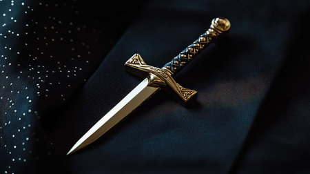 This striking image features an ornate golden dagger with an intricate handle, resting on elegant dark fabric, perfect for themes of medieval fantasy or artistry.の素材