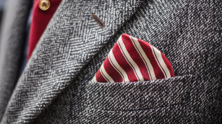 This image showcases a close-up of a houndstooth suit jacket featuring a striking red striped pocket square. The intricate details and textures highlight modern tailoring and sophistication.の素材