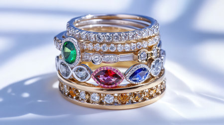 An exquisite arrangement of colorful rings featuring sparkling diamonds and vibrant gemstones, showcasing luxury and elegance in jewelry design.の素材