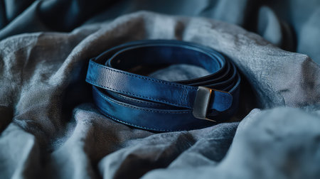 A stunning blue leather belt elegantly arranged on a soft textured fabric background, showcasing exquisite craftsmanship and versatility in fashion styling.の素材
