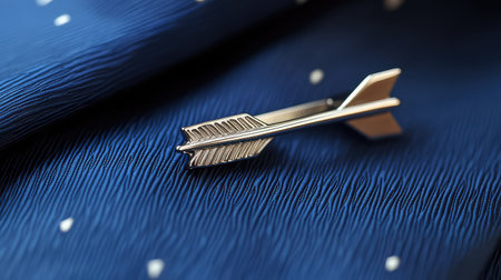 A stylish silver arrow clip rests elegantly on a classic blue fabric showcasing a textured pattern and subtle dots, ideal for fashion and accessories.の素材