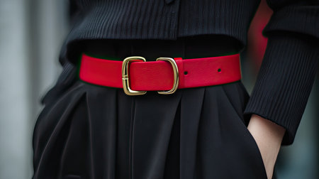 This close-up image features a striking red leather belt with a polished gold buckle, accentuating a stylish outfit. Ideal for fashion enthusiasts.の素材