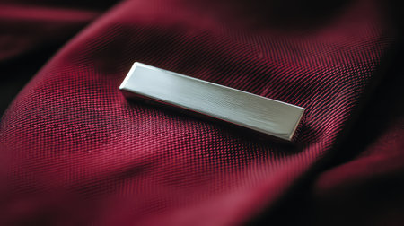 A refined silver tie clip elegantly placed on rich burgundy fabric, showcasing a blend of luxury and sophistication in formal attire. Perfect for special occasions.の素材