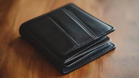 A close-up view of a sophisticated black leather wallet resting on a wooden table. The wallet features sleek lines, with cards visible inside, showcasing elegance and minimalist design perfect for personal accessories or stylish finance solutions.の素材