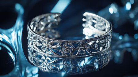 This stunning silver cuff bracelet features an intricate floral design that reflects beautifully against a soft blue background, embodying elegance and artistry.の素材