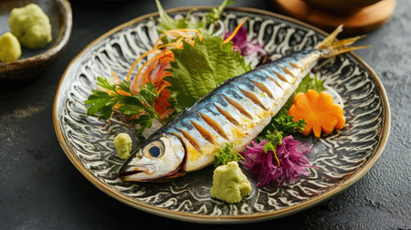 A beautifully presented grilled fish dish adorned with fresh herbs and vibrant vegetables, perfect for gourmet dining and culinary photography.の素材