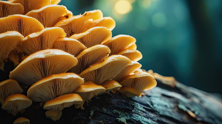 A captivating close-up of vivid yellow mushrooms thriving on a textured tree log, immersed in a tranquil forest setting, showcasing nature's intricate beauty.の素材