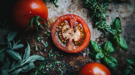 A beautifully arranged scene featuring a sliced tomato on a rustic wooden table, complemented by fresh herbs. The natural lighting enhances the vibrant colors, making it perfect for culinary-themed projects.の素材