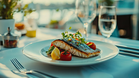 A beautifully arranged grilled salmon fillet served with fresh vegetables and a slice of lemon on an elegant dining table. Ideal for showcasing fine dining.の素材