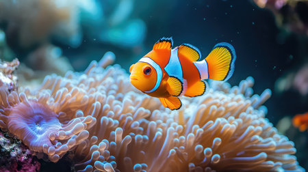 A vibrant clownfish elegantly swims among colorful coral in a lively underwater scene, showcasing the beauty of marine biodiversity and tranquility.の素材