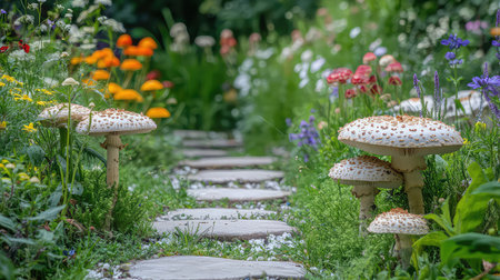 A serene garden pathway lined with colorful flowers and unique mushrooms, creating a picturesque scene that embodies tranquility and natural beauty.の素材