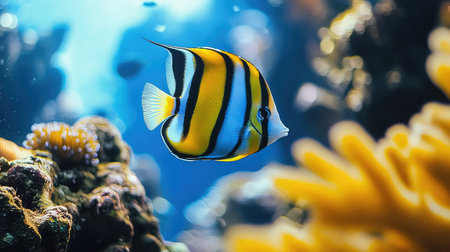 A beautifully captured image of a vibrant striped fish swimming gracefully among lush coral reefs in clear blue ocean water, showcasing marine beauty.の素材