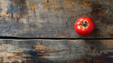 A vibrant red tomato rests on a rustic wooden table, highlighting its natural shine and freshness. The organic feel of the wood complements the healthy essence of the tomato, making it ideal for culinary and nutritional themes.の素材