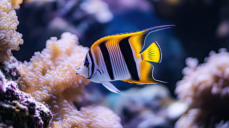 A stunning underwater scene featuring a vibrant fish gliding gracefully near colorful coral, capturing the beauty and diversity of marine life in a natural ocean habitat.の素材