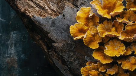 This stunning image showcases vibrant yellow fungi thriving on a rustic dark wood log. The intricate details highlight the beauty of nature's organic growth in a forest environment.の素材