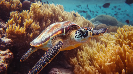 A vibrant turtle glides gracefully through a colorful coral reef in clear blue waters, highlighting the beauty of marine life and underwater ecosystems.の素材