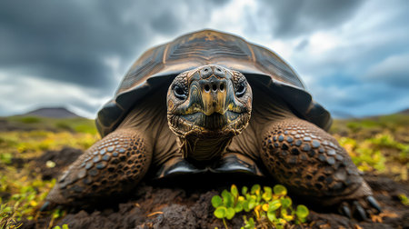 A captivating close-up view of a majestic tortoise reveals its intricate shell pattern and textures. The backdrop showcases a dramatic cloudy sky, enhancing the serene scene.の素材