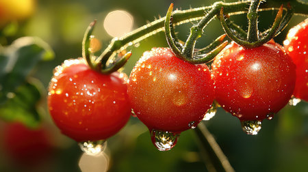 Captivating close-up image of fresh red tomatoes adorned with glistening water droplets, showcasing their vibrant color and freshness in a lush garden environment.の素材