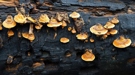 A stunning display of vibrant orange mushrooms emerging from a dark log, showcasing the intricate details of nature's resilience and beauty in a forest setting.の素材