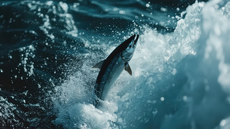 A dynamic scene captured as a fish leaps out of the water, creating splashes in vibrant blue waves. This striking image showcases the beauty and energy of marine life in its natural habitat.の素材