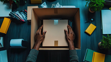 A top view of hands placing a paper box inside an open cardboard container on an organized desk filled with various office supplies and green plants.の素材